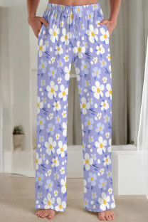 Light Purple Casual Print Patchwork Loose Mid Waist Straight Full Print Bottoms
