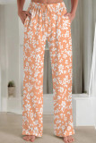 Cyan Casual Print Patchwork Loose Mid Waist Straight Full Print Bottoms