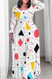 White Red Casual Print Patchwork O Neck Long Plus Size Dresses