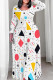 White Red Casual Print Patchwork O Neck Long Plus Size Dresses