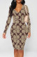 Light Coffee Casual Letter Print Contrast V Neck Printed Dresses