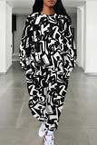 Black And White Casual Print Pocket Patchwork O Neck Long Sleeve Two Pieces