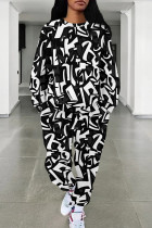Black And White Casual Print Pocket Patchwork O Neck Long Sleeve Two Pieces