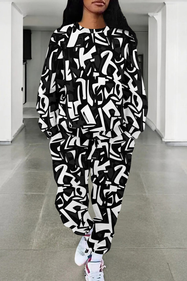 Black And White Casual Print Pocket Patchwork O Neck Long Sleeve Two Pieces