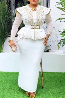 White Elegant Solid Color Fringed Trim Patchwork With Belt Hot Drill O Neck Long Plus Size Two Pieces