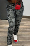 Camouflage Casual Camouflage Print Pocket Patchwork Regular Mid Waist Conventional Full Print Bottoms