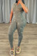 Grey Casual Solid Color Pocket Patchwork Zipper Zipper Collar Skinny Jumpsuits