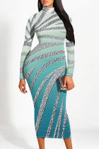 Turquoise Elegant Gradient Print Contrast Half A Turtleneck One Step Skirt Dresses