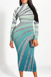 Turquoise Elegant Gradient Print Contrast Half A Turtleneck One Step Skirt Dresses