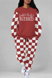 Red Casual Street Plaid Letter Print Draw String Pocket Contrast O Neck Two Pieces