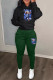 Black Green Casual Letters Draw String Pocket Patchwork Hooded Long Sleeve Two Pieces