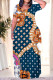 Navy Blue Casual Flowers Splashed ink Chain print Contrast O Neck Printed Plus Size Dresses