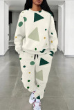 Black And White Casual Print Pocket Patchwork O Neck Long Sleeve Two Pieces