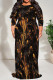 Black Gold Casual Print Patchwork Strap Design O Neck Long Plus Size Dresses