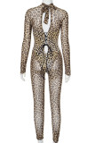 Coffee Sexy Leopard Print Hollow Out Patchwork Cross Straps Strap Design O Neck Skinny Jumpsuits