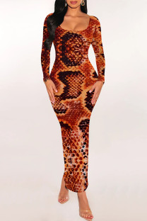 Orange Sexy Snakeskin Print Gradient Contrast U Neck One Step Skirt Dresses