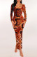 Orange Sexy Snakeskin Print Gradient Contrast U Neck One Step Skirt Dresses