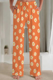 Cyan Casual Print Patchwork Loose Mid Waist Straight Full Print Bottoms