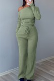 Green Casual Solid Color Basic Oblique Collar Long Sleeve Two Pieces