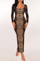 Brown Sexy Snakeskin Print Gradient Contrast U Neck One Step Skirt Dresses