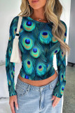 Multicolor Casual Print Patchwork O Neck Mid Waist Tops
