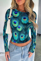 Blue Casual Print Patchwork O Neck Mid Waist Tops