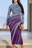 Purple Elegant Gradient Print Contrast Half A Turtleneck One Step Skirt Dresses