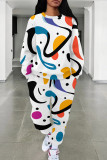 Black And White Casual Print Pocket Patchwork O Neck Long Sleeve Two Pieces