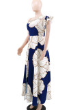White Elegant Print Patchwork Backless Oblique Collar Long Dresses