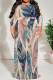 Light Khaki Casual Print Patchwork Strap Design O Neck Long Plus Size Dresses
