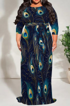 Tibetan Blue Casual Print Patchwork Strap Design O Neck Long Plus Size Dresses