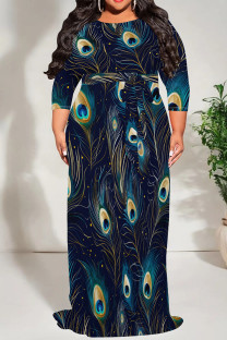 Tibetan Blue Casual Print Patchwork Strap Design O Neck Long Plus Size Dresses