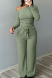 Green Casual Solid Color Basic Oblique Collar Long Sleeve Two Pieces