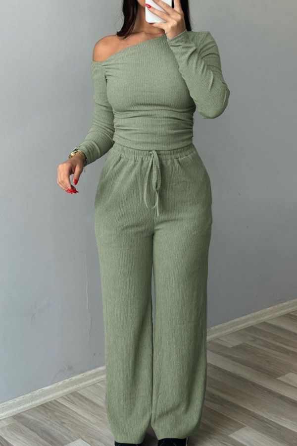 Green Casual Solid Color Basic Oblique Collar Long Sleeve Two Pieces