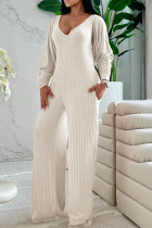 Apricot Casual Solid Color Patchwork V Neck Long Sleeve Two Pieces