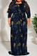 Golden Blue Casual Print Patchwork Strap Design O Neck Long Plus Size Dresses