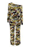 Camouflage Casual Camouflage Print Pocket Patchwork Oblique Collar Long Sleeve Two Pieces