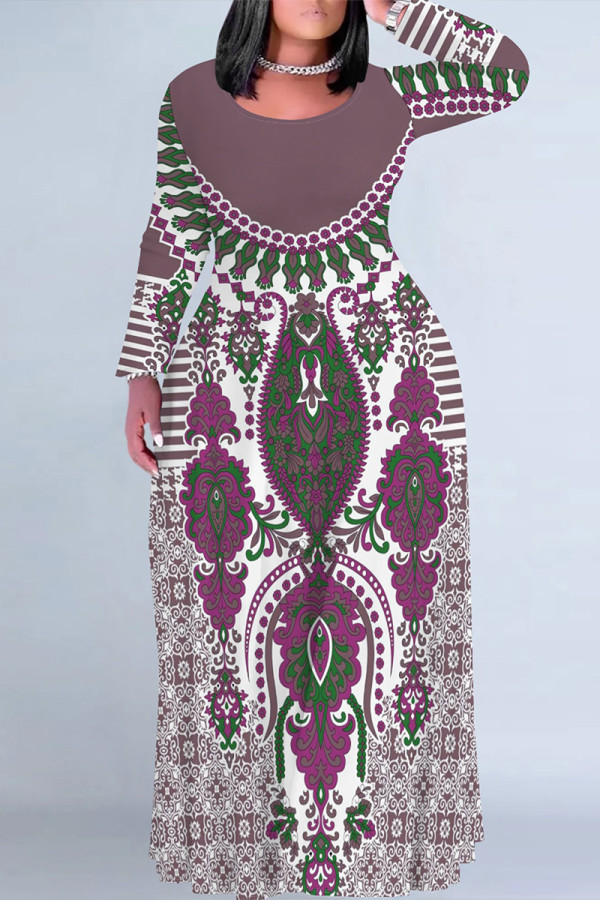 Light Purple Casual Street Floral Print Contrast O Neck Printed Plus Size Dresses
