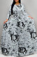 Gray Blue Casual Letter Print Lace Up Contrast Long Dresses