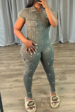 Grey Casual Solid Color Pocket Patchwork Zipper Zipper Collar Skinny Jumpsuits