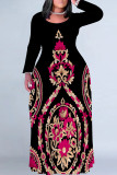 Black Red Casual Street Floral Print Contrast O Neck Printed Plus Size Dresses