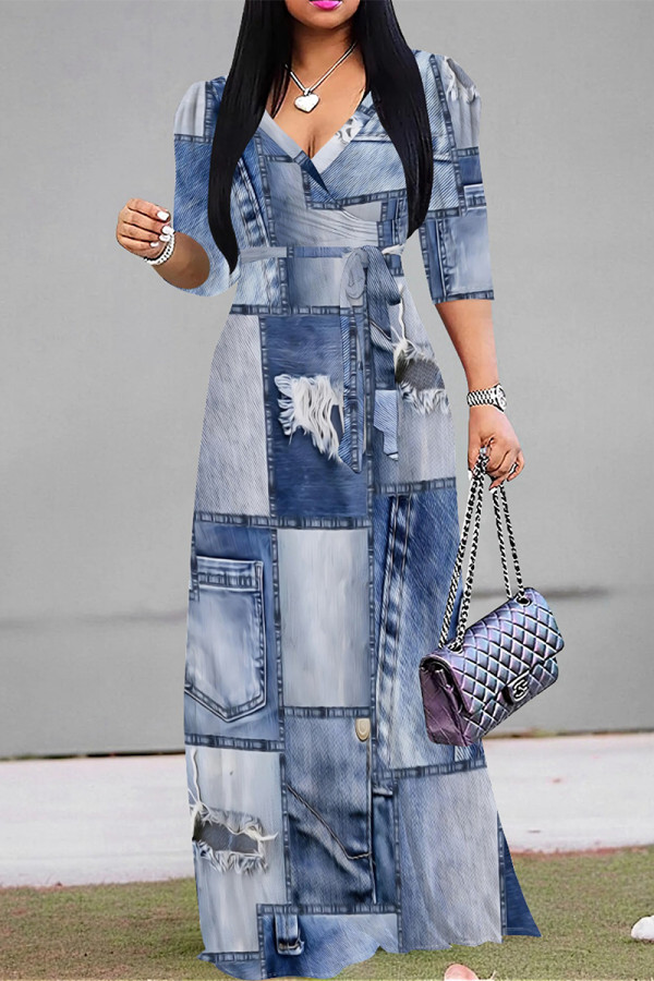 Baby Blue Casual Faux Denim Print Lace Up Contrast V Neck Printed Dresses
