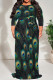 Green Casual Print Patchwork Strap Design O Neck Long Plus Size Dresses
