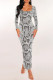 White Sexy Snakeskin Print Gradient Contrast U Neck One Step Skirt Dresses
