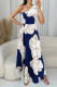 White Elegant Print Patchwork Backless Oblique Collar Long Dresses