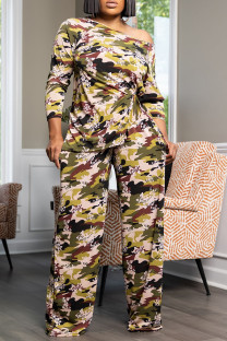 Camouflage Casual Camouflage Print Pocket Patchwork Oblique Collar Long Sleeve Two Pieces