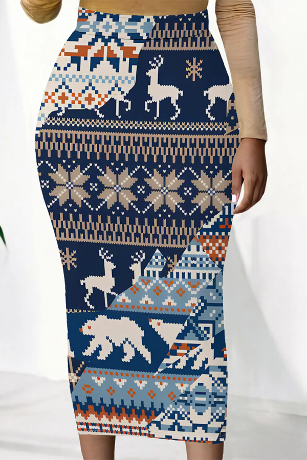 Tibetan Blue Casual Butterfly Newspaper printing Contrast Regular High Waist Full Print Bottoms