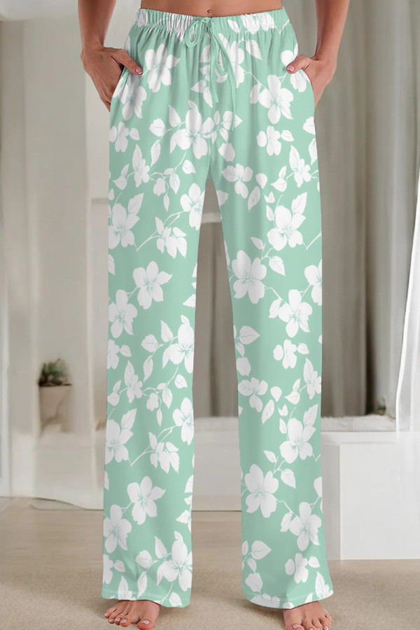 Light Green Casual Print Patchwork Loose Mid Waist Straight Full Print Bottoms