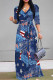 Navy Casual Faux Denim Print Lace Up Contrast V Neck Printed Dresses