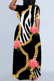 Navy Blue Casual Flowers Splashed ink Chain print Contrast O Neck Printed Plus Size Dresses